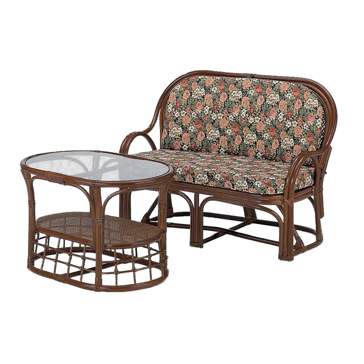 籐 リビング2点セット ラブソファ サイドテーブル ラタン ソファ 2人掛け チェア テーブル ラタン家具 ラタンチェア ガラステーブル 籐家具 センターテーブル リビングテーブル 和モダン