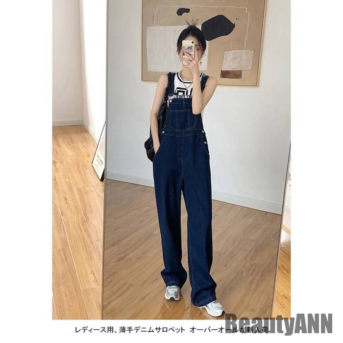 新生活 デニムサロペット レディース オーバーオール 無地 薄手 ワイド ロング丈 ポケット付き 体型カバー ゆったり シンプル 春夏秋 秋 春 冬 秋ファッション 冬物 春物 秋物 プレゼント ギフ