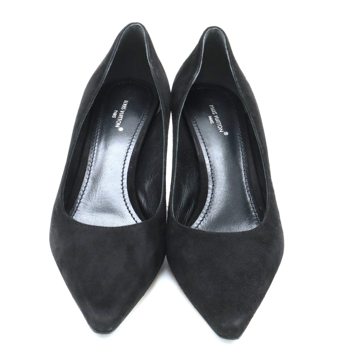 ポインテッドトゥ パンプス ロゴヒール スエード ブラック 黒 #38 日本サイズ約24.5c ポインテッドトゥ パンプス ロゴヒール スエード ブラック 黒 #38 日本サイズ約24.5c
