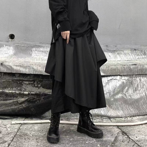 Y's　ワイズ　ウエストコードパンツスカート　袴パンツ　サルエル　変形　2　黒 スカートパンツ メンズ アシンメトリー 袴パンツ ゆったり