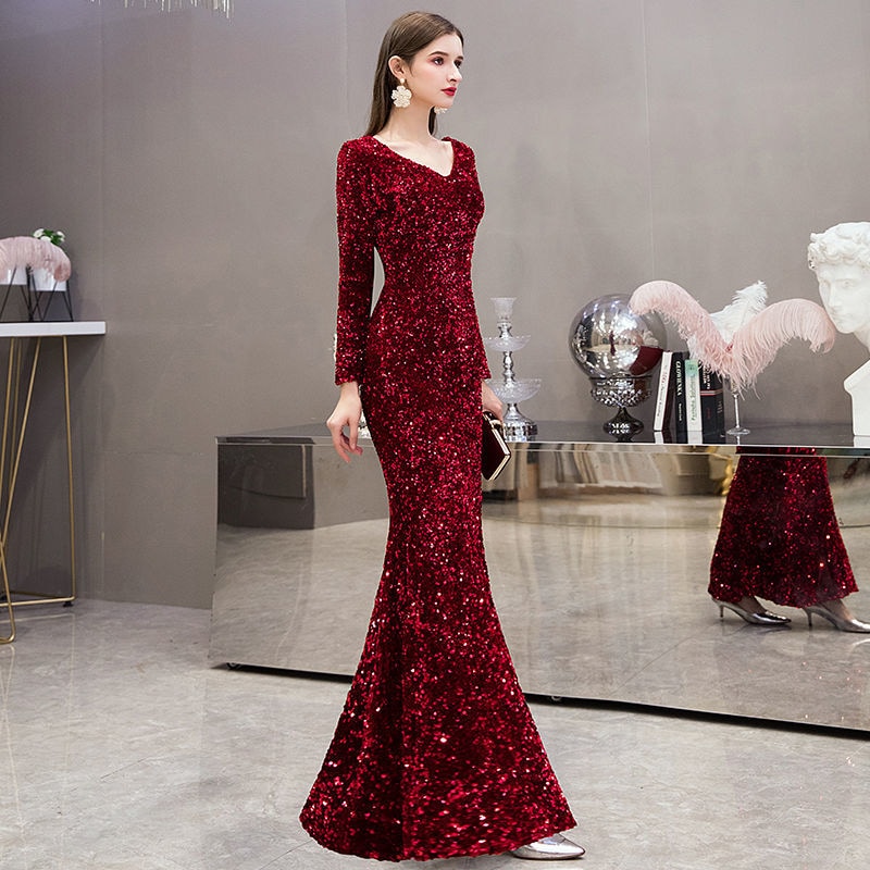 イブニングドレス女性宴会気質とオーラ女王ドレスレッドスリムテールスカート