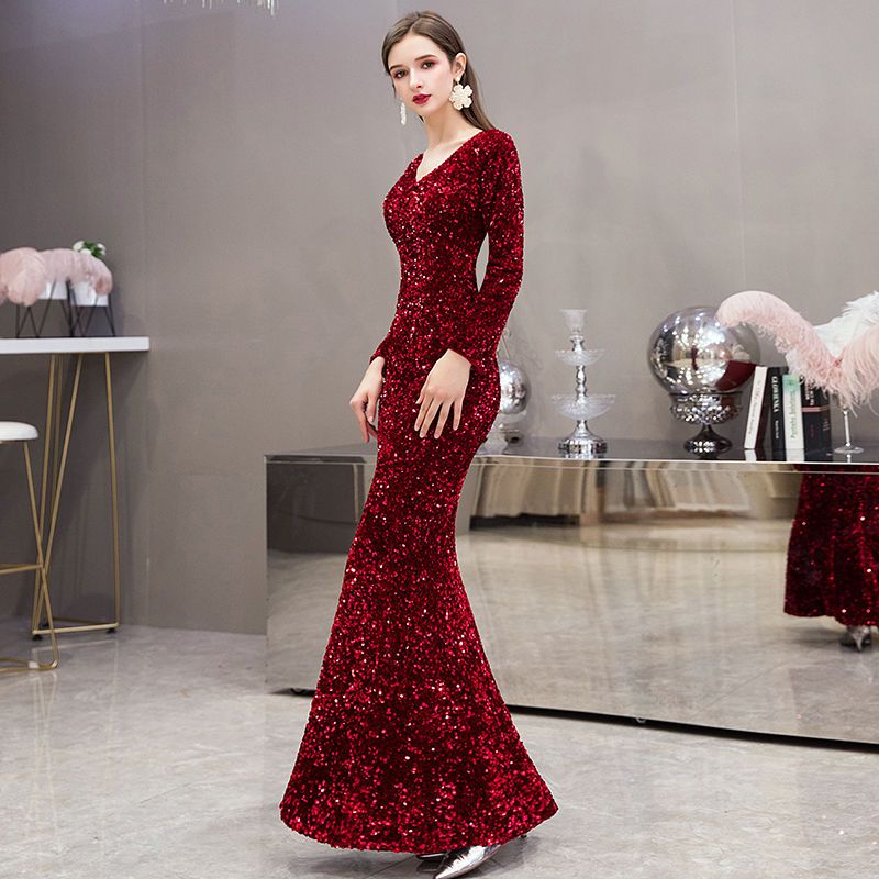 イブニングドレス女性宴会気質とオーラ女王ドレスレッドスリムテールスカート