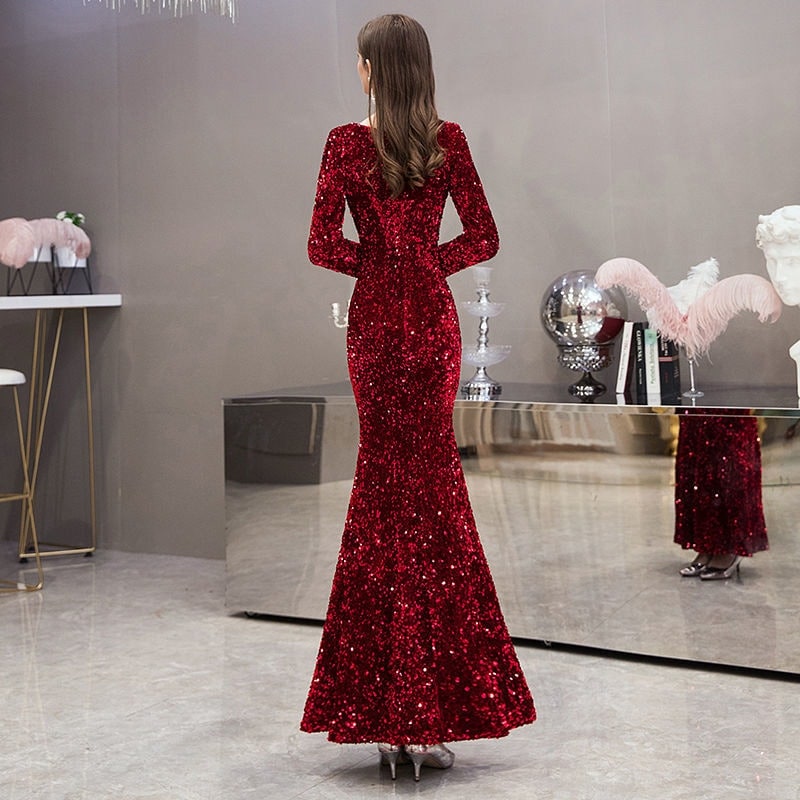 イブニングドレス女性宴会気質とオーラ女王ドレスレッドスリムテールスカート