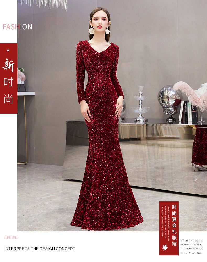 イブニングドレス女性宴会気質とオーラ女王ドレスレッドスリムテールスカート