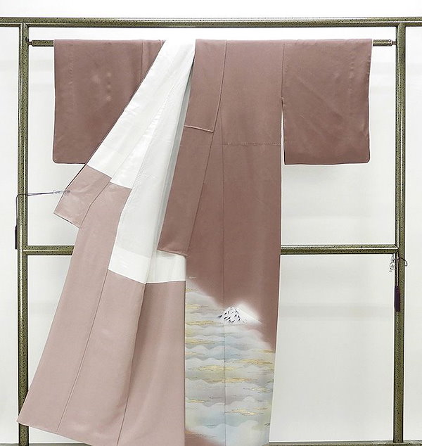 日本半額色留袖 正絹 じゅらく謹製 横山大観 身丈154cm 裄丈62.5cm 色留袖 三つ紋 美品 リサイクル 着物 f0947 留袖