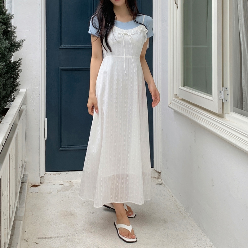 [top0634] 韓国ファッションレース スリーブレス ロング ワンピース