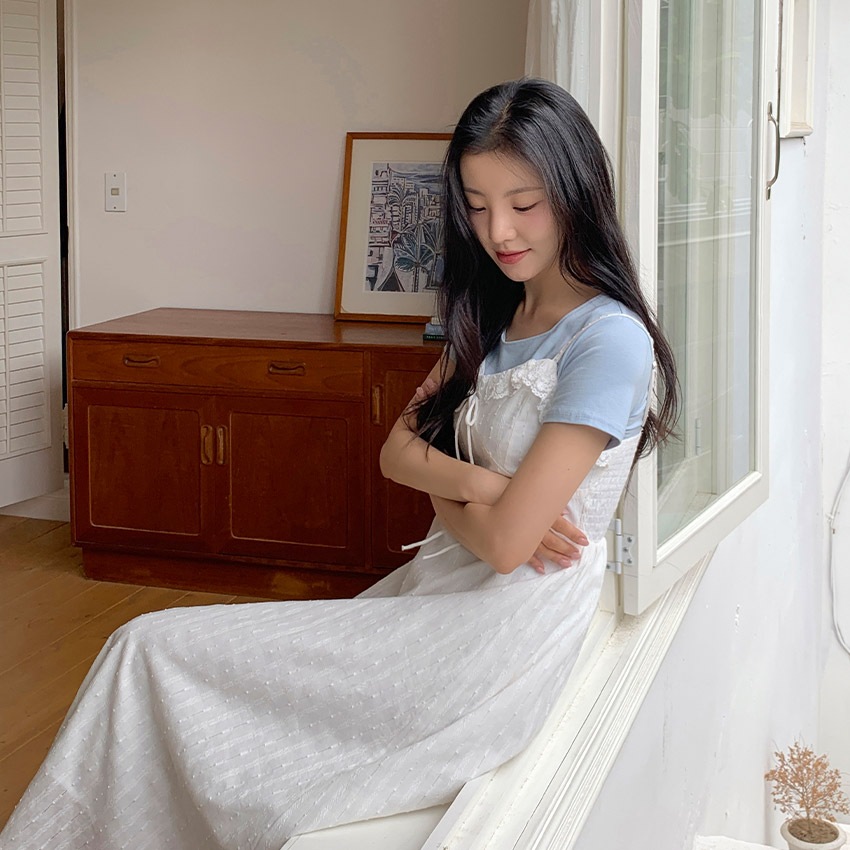 [top0634] 韓国ファッションレース スリーブレス ロング ワンピース