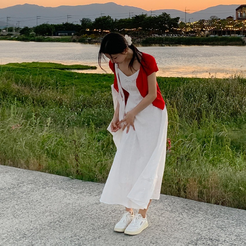 [top0634] 韓国ファッションレース スリーブレス ロング ワンピース