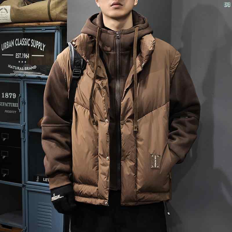 メンズ　ファッション　オシャレ　男性　大歳ストリート 冬 フェイク 2点 フード付き 作業着 メンズ ダウン ジャケット スウェットシャツ スプライス たり 厚く 暖かい ショート ダック