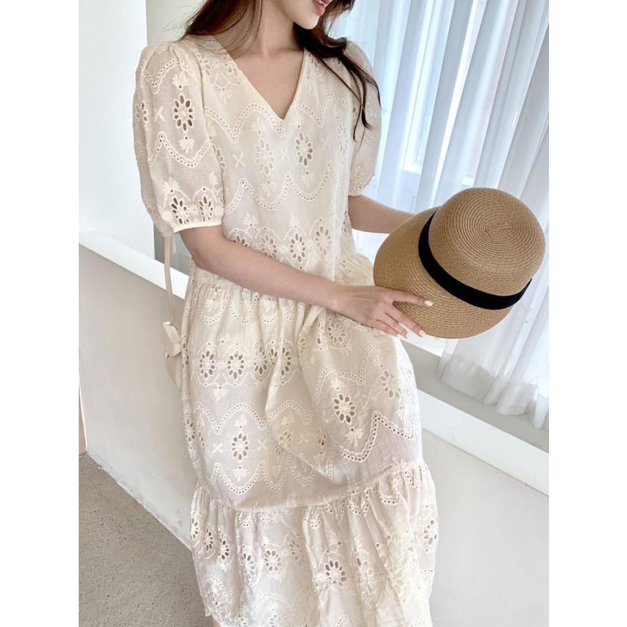ワンピース レディース マキシワンピースきれいめ 春夏 半袖ワンピース 白レース Vネック フレアスカート オシャレ韓国風 結婚式ドレス大人