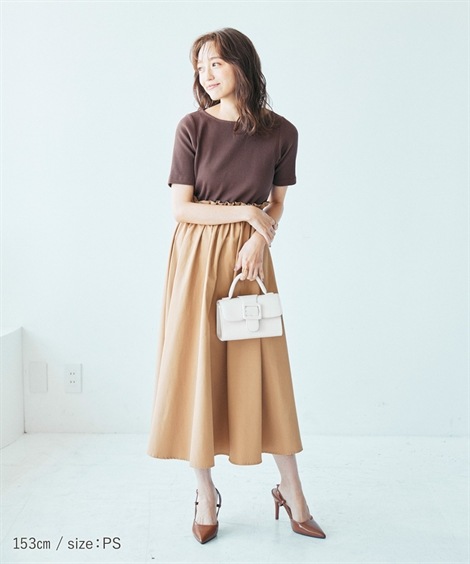 ロングマキシ丈/半袖 小さいサイズ　ドッキングフレアワンピース　低身長さん小柄女性