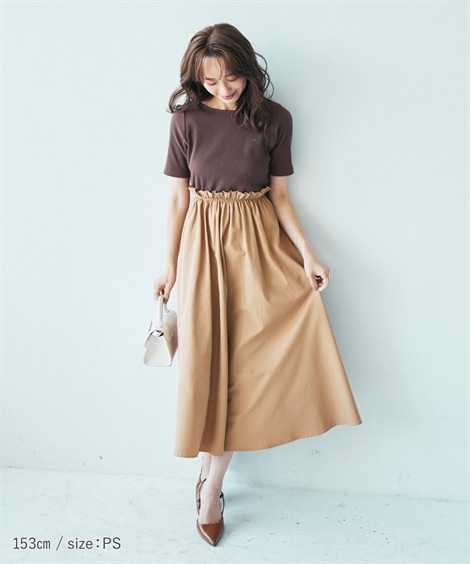 ロングマキシ丈/半袖 小さいサイズ　ドッキングフレアワンピース　低身長さん小柄女性