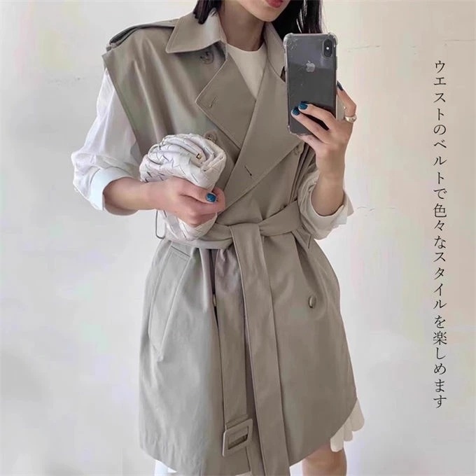 ベスト トレンチベスト ジレ レディース ベスト アウター ライトアウター 上着 羽織り コート ジャケット ロング丈 ノースリーブ 大きいサイズ オフィス カジュアル レイヤード 着回し 体型カバー