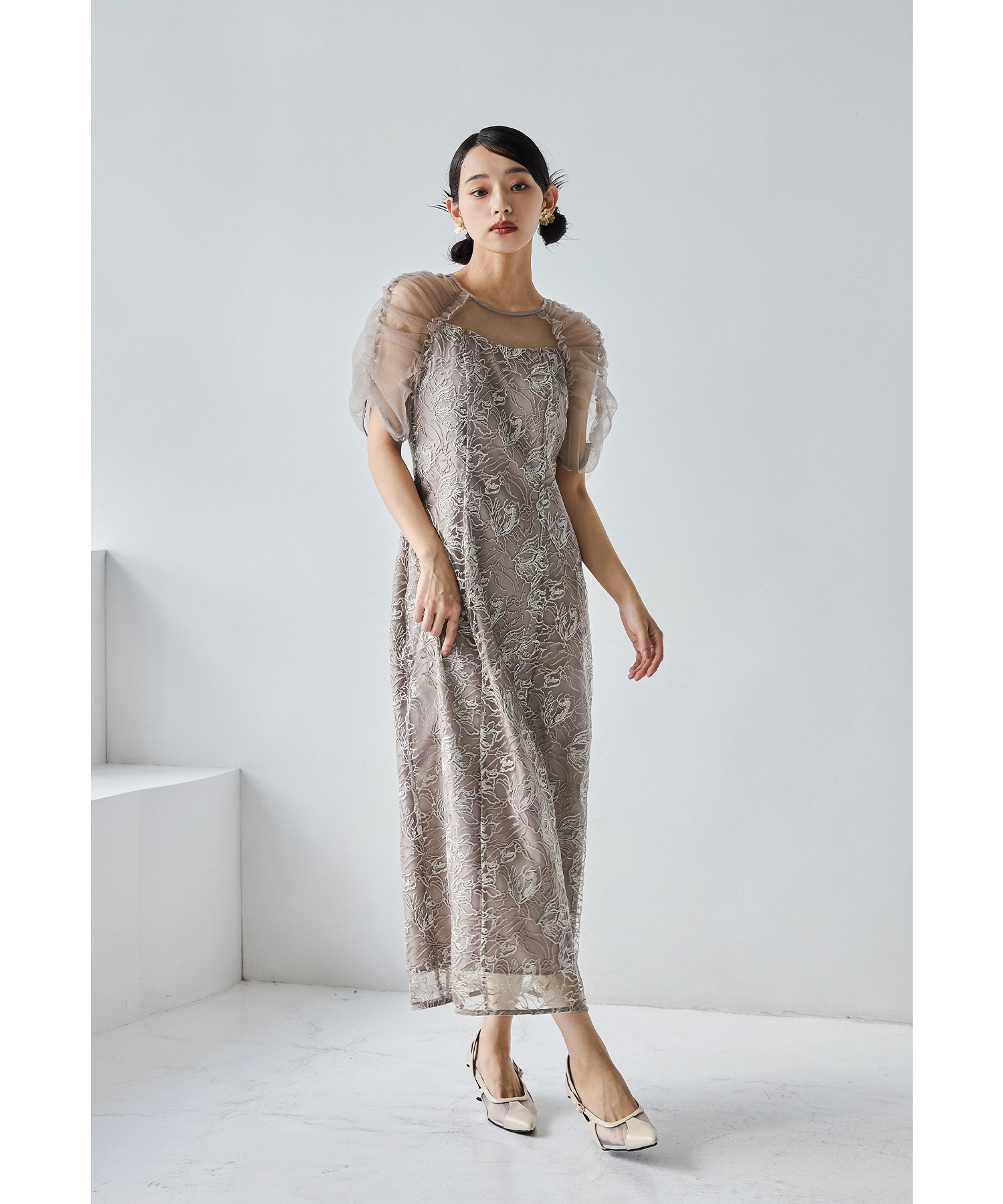 刺繍レースギャザースリーブドレス パーティードレス 結婚式 花柄 レース チュール シアー フレア フェミニン 可愛い お呼ばれ パーティー 二次会 披露宴 謝恩会 成人式 同窓会 卒業式