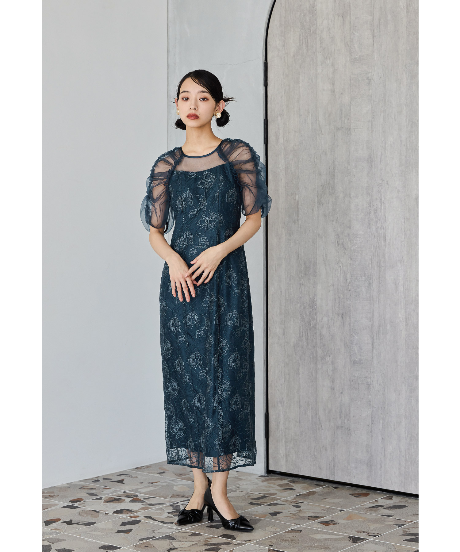 刺繍レースギャザースリーブドレス パーティードレス 結婚式 花柄 レース チュール シアー フレア フェミニン 可愛い お呼ばれ パーティー 二次会 披露宴 謝恩会 成人式 同窓会 卒業式