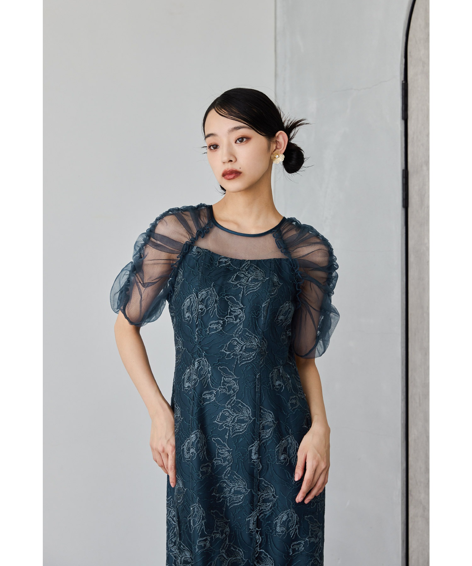 刺繍レースギャザースリーブドレス パーティードレス 結婚式 花柄 レース チュール シアー フレア フェミニン 可愛い お呼ばれ パーティー 二次会 披露宴 謝恩会 成人式 同窓会 卒業式