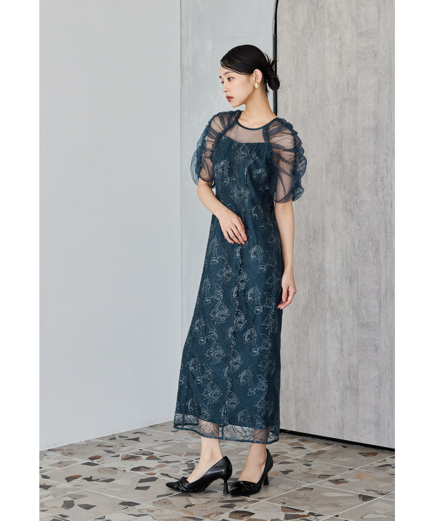 刺繍レースギャザースリーブドレス パーティードレス 結婚式 花柄 レース チュール シアー フレア フェミニン 可愛い お呼ばれ パーティー 二次会 披露宴 謝恩会 成人式 同窓会 卒業式