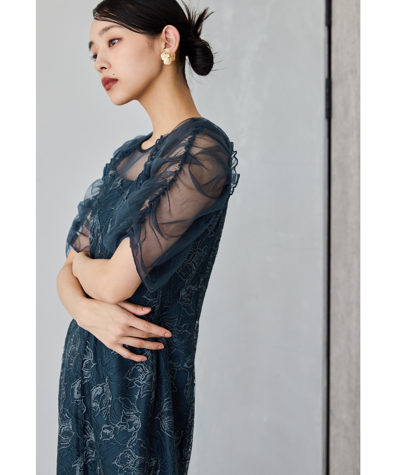 刺繍レースギャザースリーブドレス パーティードレス 結婚式 花柄 レース チュール シアー フレア フェミニン 可愛い お呼ばれ パーティー 二次会 披露宴 謝恩会 成人式 同窓会 卒業式