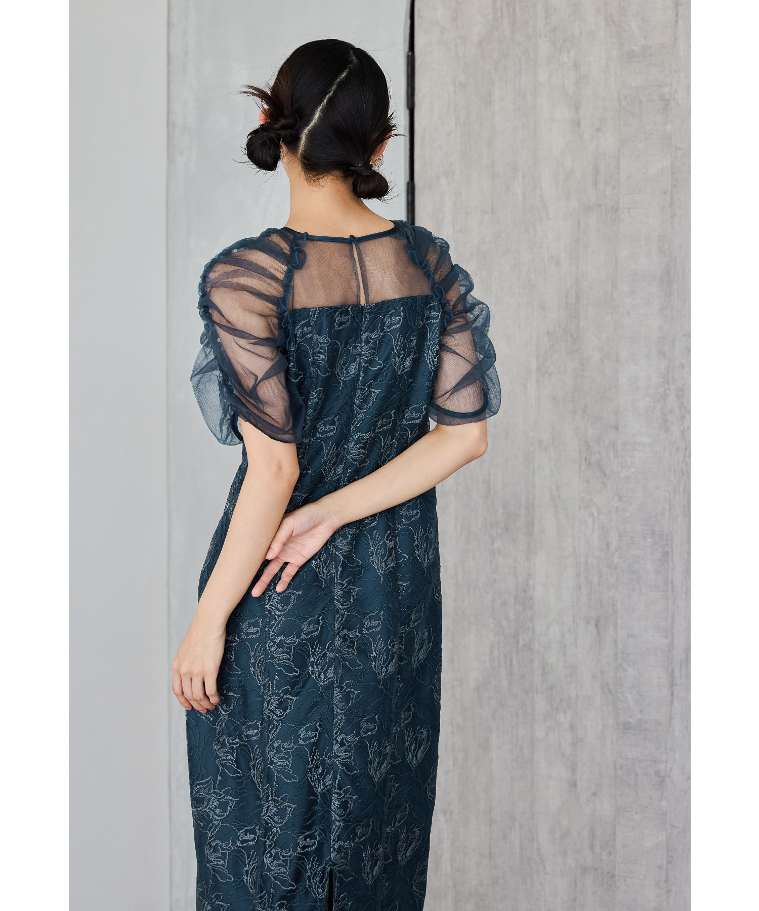 刺繍レースギャザースリーブドレス パーティードレス 結婚式 花柄 レース チュール シアー フレア フェミニン 可愛い お呼ばれ パーティー 二次会 披露宴 謝恩会 成人式 同窓会 卒業式