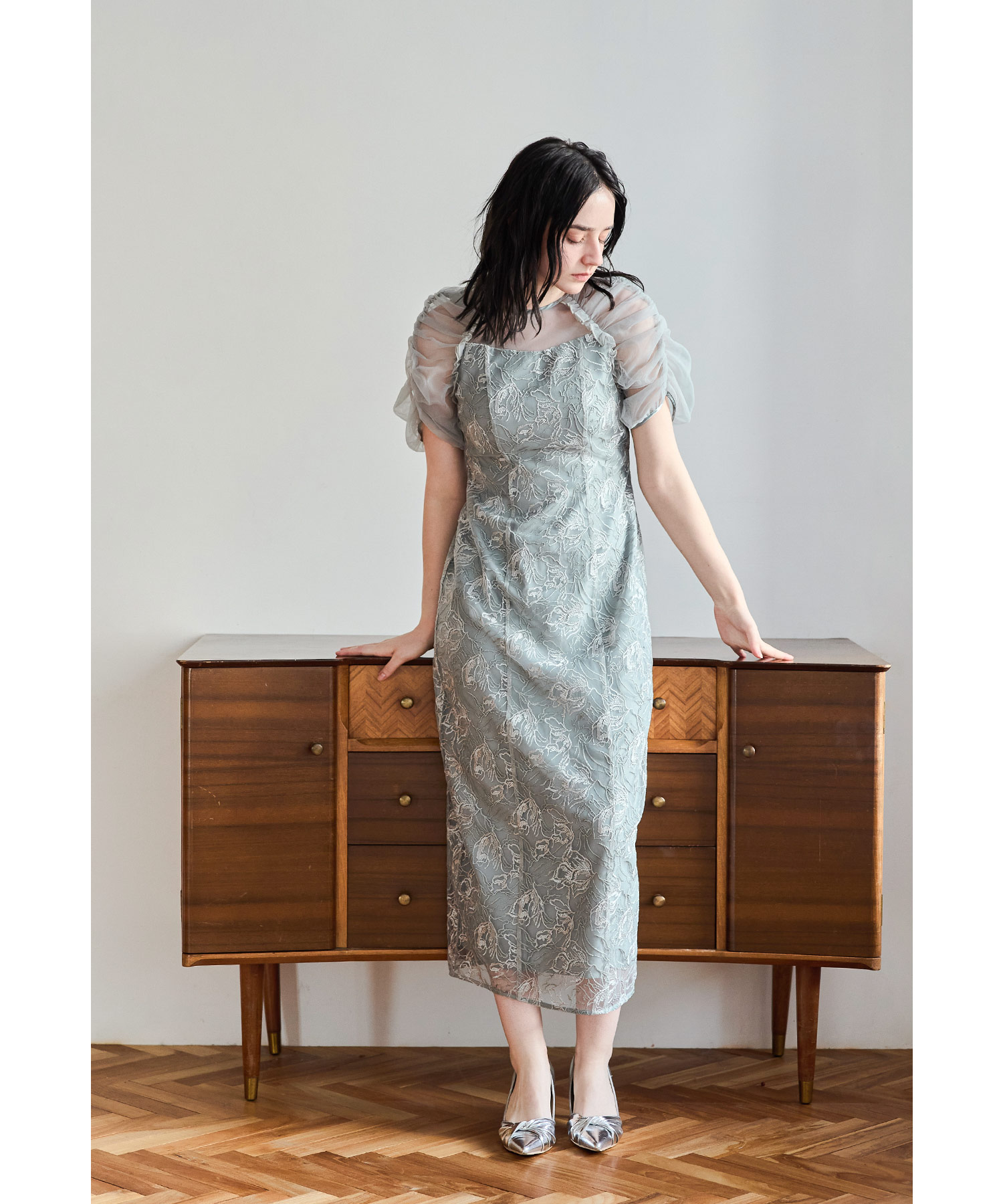 刺繍レースギャザースリーブドレス パーティードレス 結婚式 花柄 レース チュール シアー フレア フェミニン 可愛い お呼ばれ パーティー 二次会 披露宴 謝恩会 成人式 同窓会 卒業式