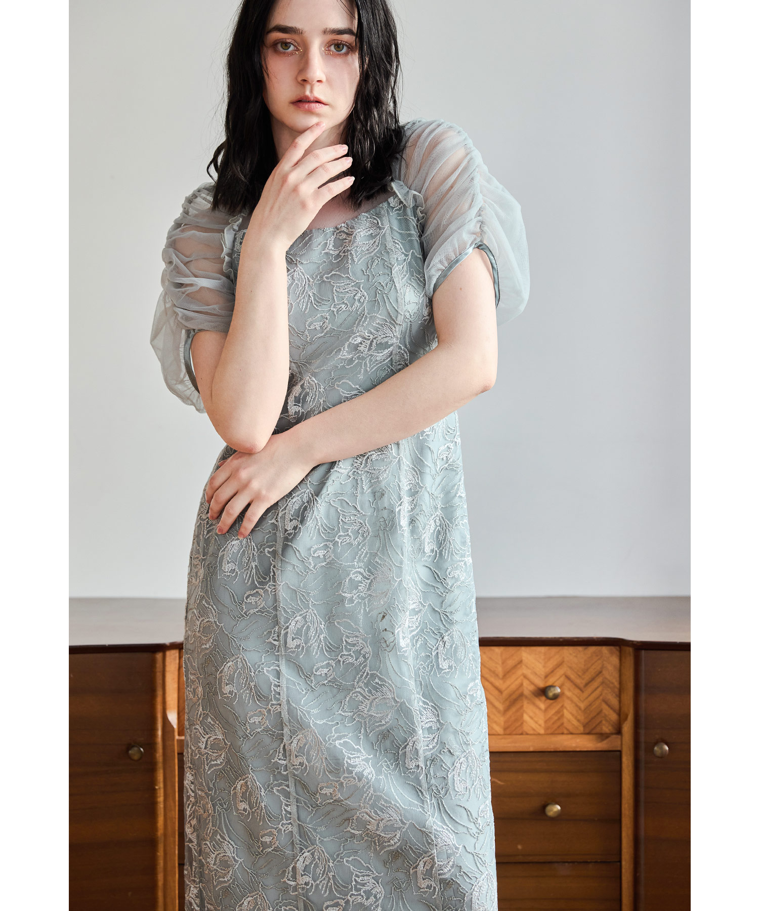 刺繍レースギャザースリーブドレス パーティードレス 結婚式 花柄 レース チュール シアー フレア フェミニン 可愛い お呼ばれ パーティー 二次会 披露宴 謝恩会 成人式 同窓会 卒業式