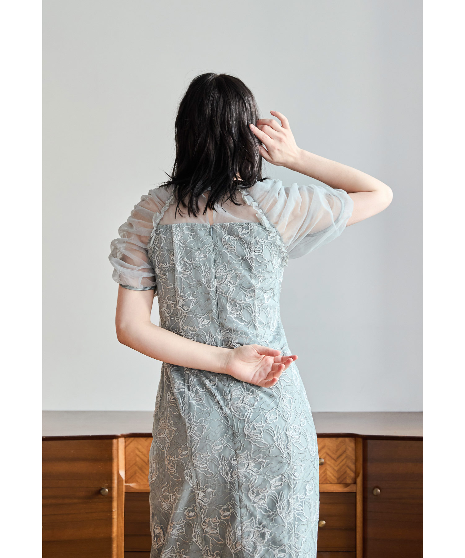 刺繍レースギャザースリーブドレス パーティードレス 結婚式 花柄 レース チュール シアー フレア フェミニン 可愛い お呼ばれ パーティー 二次会 披露宴 謝恩会 成人式 同窓会 卒業式