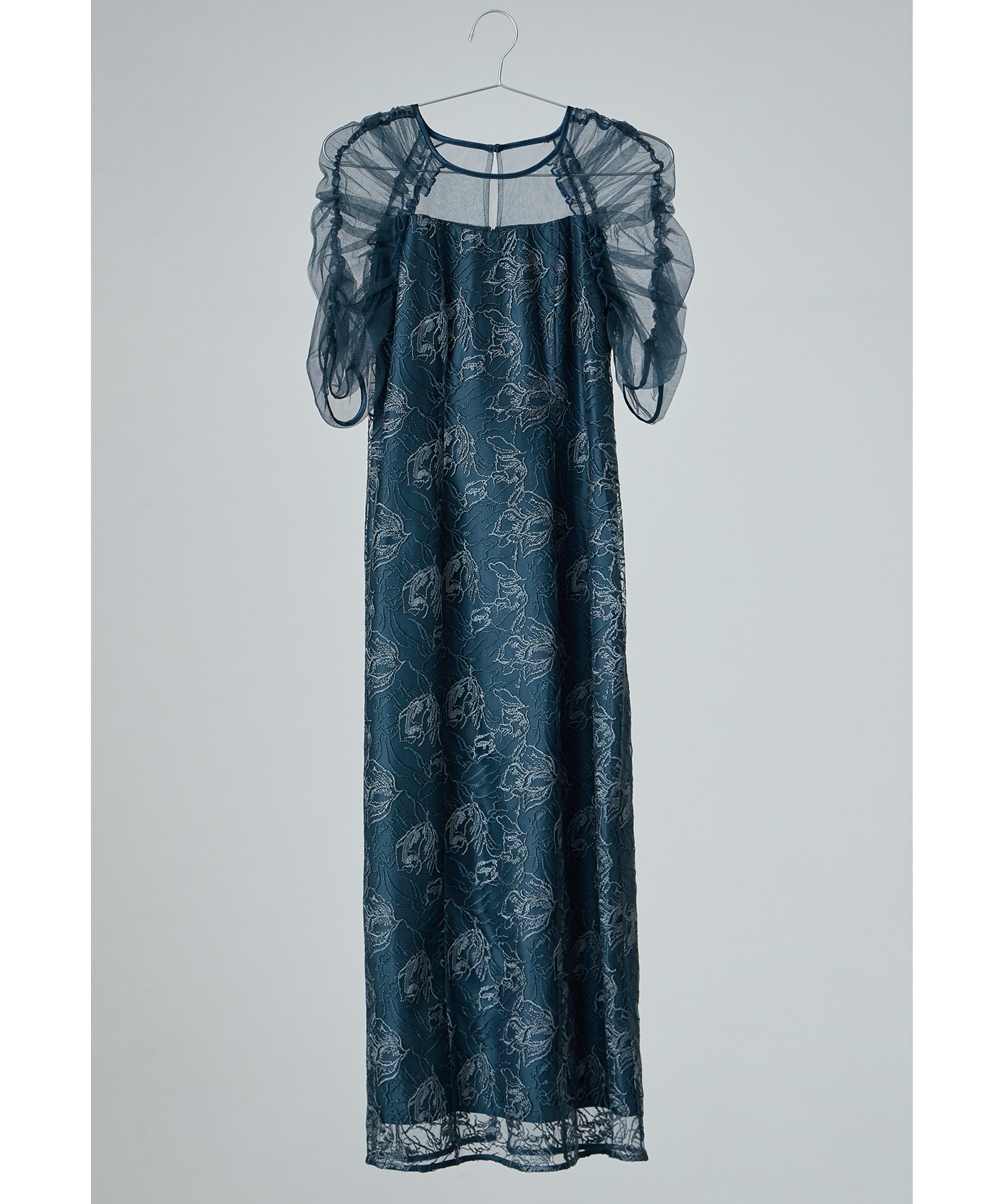 刺繍レースギャザースリーブドレス パーティードレス 結婚式 花柄 レース チュール シアー フレア フェミニン 可愛い お呼ばれ パーティー 二次会 披露宴 謝恩会 成人式 同窓会 卒業式