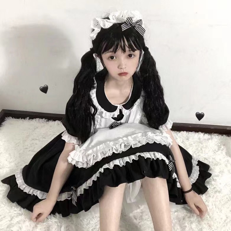 lolita地雷パーカーロリータ ワンピース ゴスロリドレスロリータメイド服夏半袖女の子スーツスカート女の子大きい子かわいい白黒つなぎ