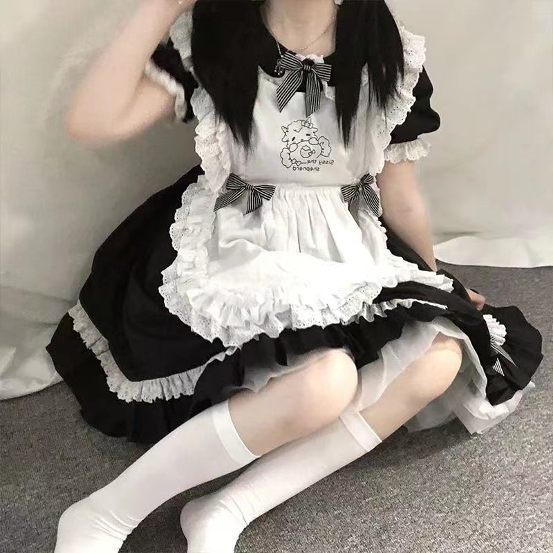 lolita地雷パーカーロリータ ワンピース ゴスロリドレスロリータメイド服夏半袖女の子スーツスカート女の子大きい子かわいい白黒つなぎ