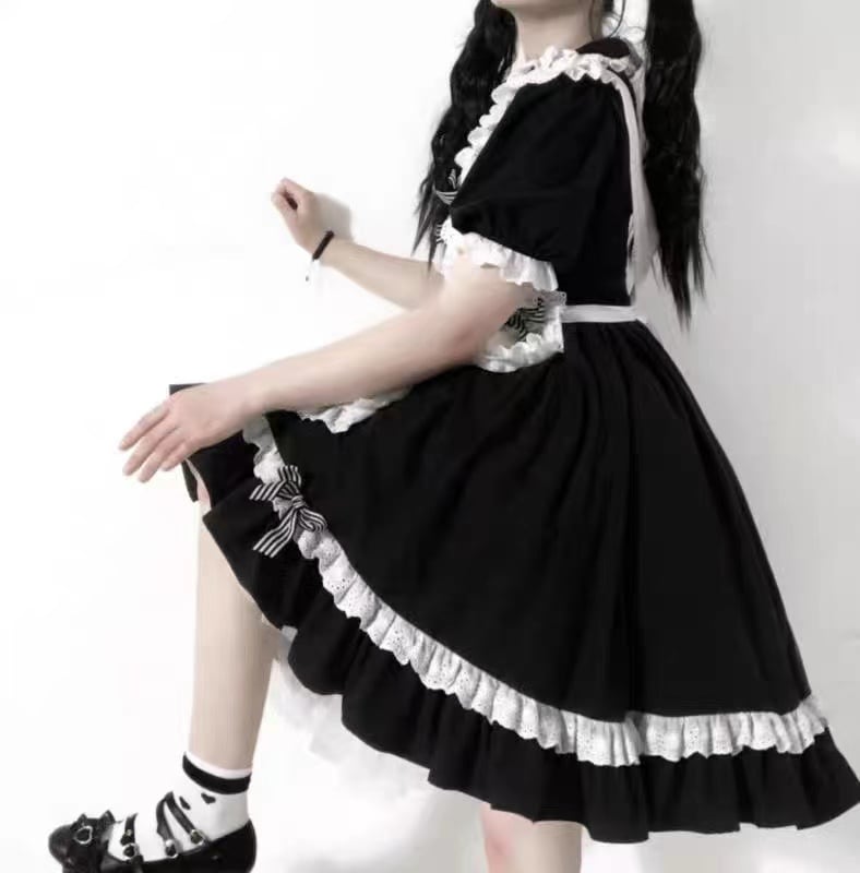 lolita地雷パーカーロリータ ワンピース ゴスロリドレスロリータメイド服夏半袖女の子スーツスカート女の子大きい子かわいい白黒つなぎ