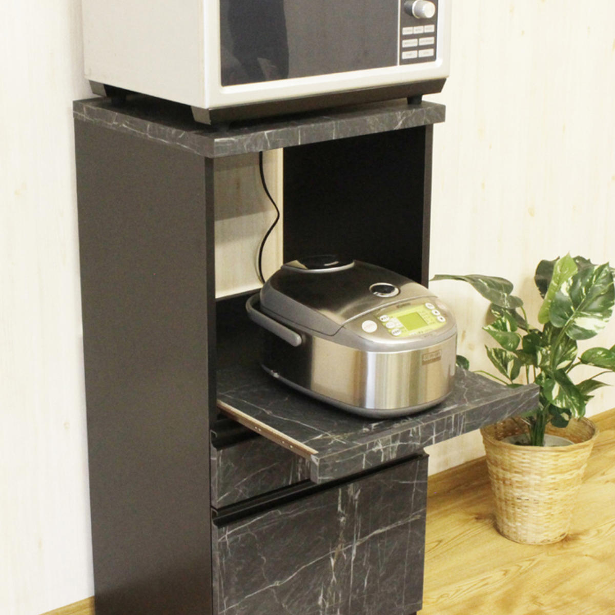 レンジ台 スライドカウンター 引出し付 コンパクト 石目調 幅48cm レンジ台 スライドカウンター 引出し付 コンパクト 石目調 幅48cm