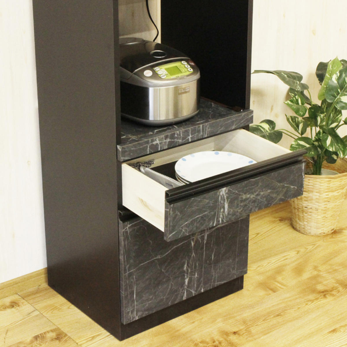 レンジ台 スライドカウンター 引出し付 コンパクト 石目調 幅48cm レンジ台 スライドカウンター 引出し付 コンパクト 石目調 幅48cm