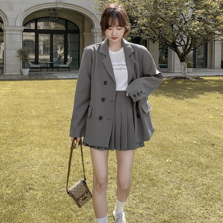 スーツプリーツスカートスーツ女性秋の学生ルーズオールマッチスーツジャケットショートスカートツーピース スーツプリーツスカートスーツ女性秋の学生ルーズオールマッチスーツジャケットショートスカートツーピース