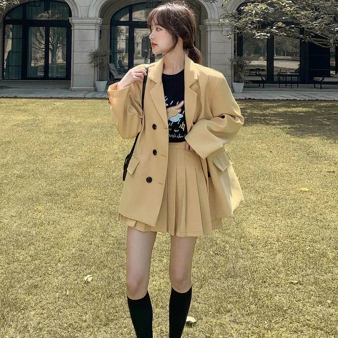 スーツプリーツスカートスーツ女性秋の学生ルーズオールマッチスーツジャケットショートスカートツーピース スーツプリーツスカートスーツ女性秋の学生ルーズオールマッチスーツジャケットショートスカートツーピース