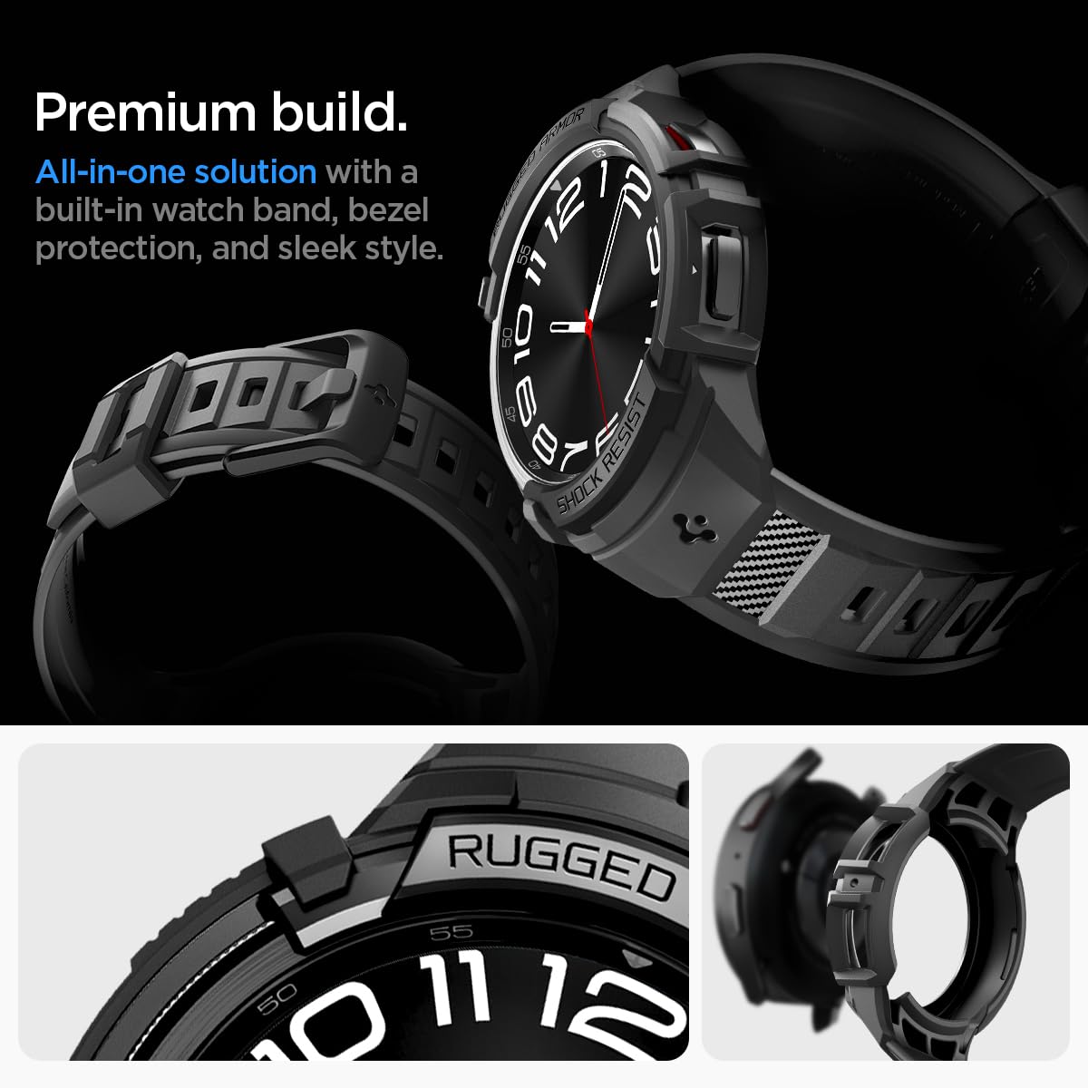 Spigen Galaxy Watch 6 Classic 43mm バンド 体組成測定 可能 一体型 ケース カバー 耐衝撃 スポーツバンド 落下 衝撃 吸収 耐久性 傷防止 ラギッド・アーマー・プ