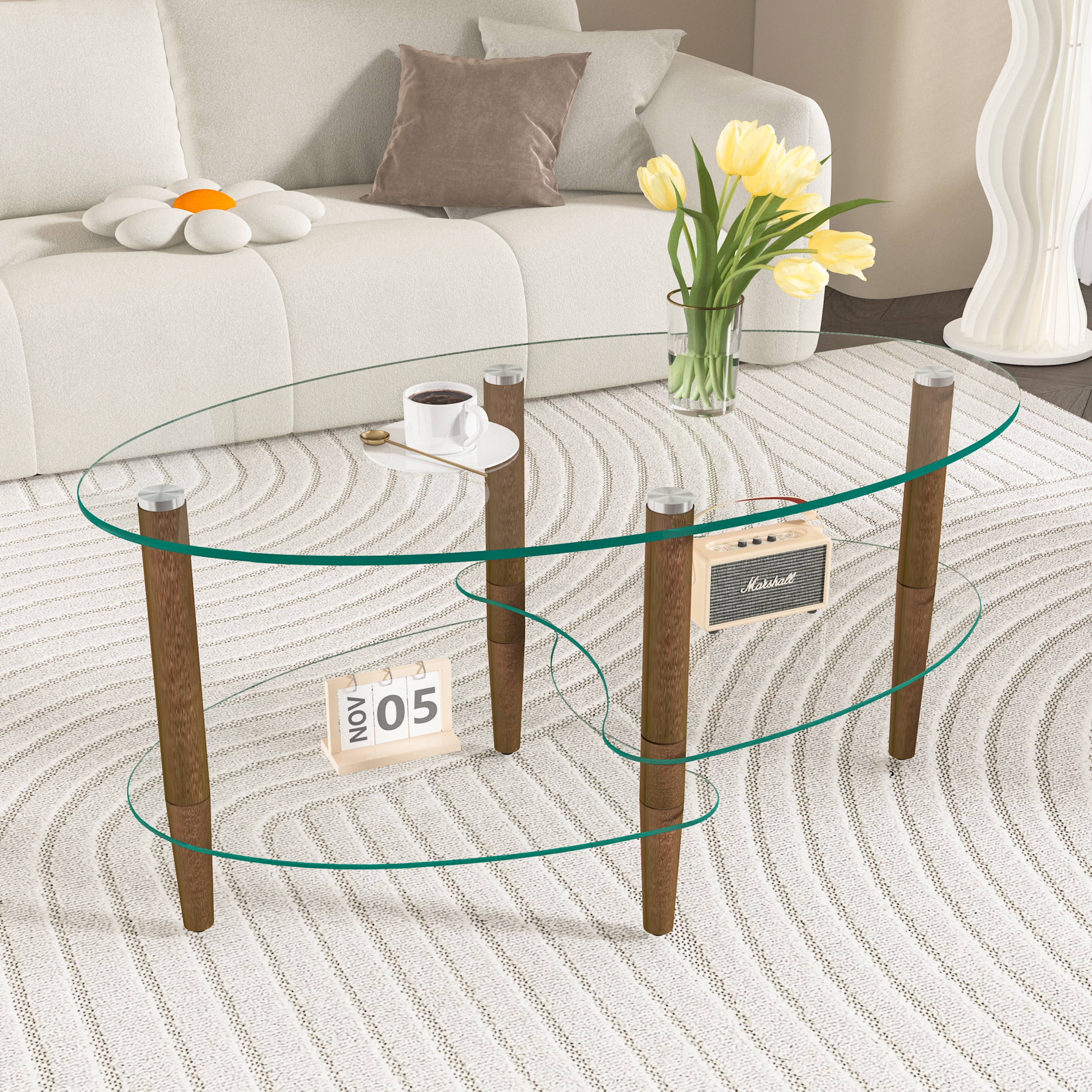 楕円形ガラスコーヒーテーブル 透明3段ガラス天板 オーク材脚 モダン