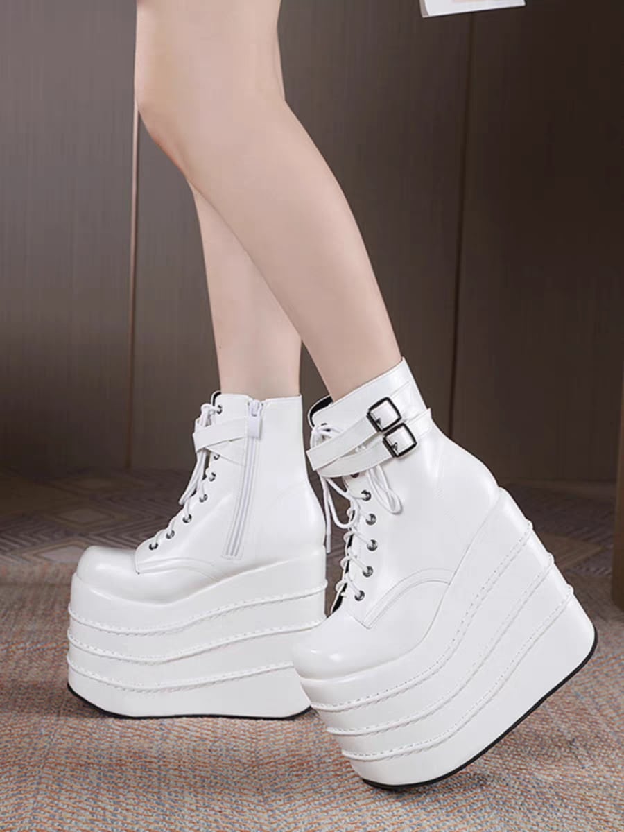 超厚底 ブーツ 靴 春秋 シンプル PU 超厚底 パンク風 ヴィンテージ ヒール16cm シューズ 小さいサイズ 大きいサイズ ストラ 超厚底 ブーツ 靴 春秋 シンプル PU 超厚底 パンク風 ヴィンテージ ヒール16cm シューズ 小さいサイズ 大きいサイズ ストラ