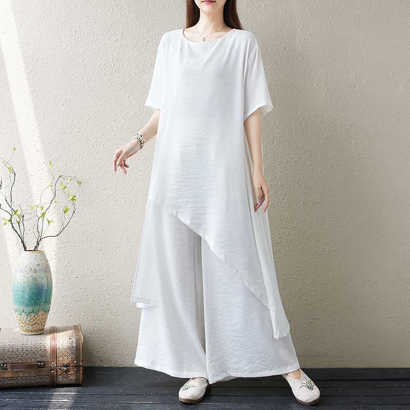 「ファットガール」 体型カバー ブラウス+ワイドパンツ ヨガウエア レディース 上下セット 大きいサイズ 綿麻 ホワイト 2025夏新品 メガ割 ピラティス リネン セットアップ 「ファットガール」 体型カバー ブラウス+ワイドパンツ ヨガウエア レディース 上下セット 大きいサイズ 綿麻 ホワイト 2025夏新品 メガ割 ピラティス リネン セットアップ