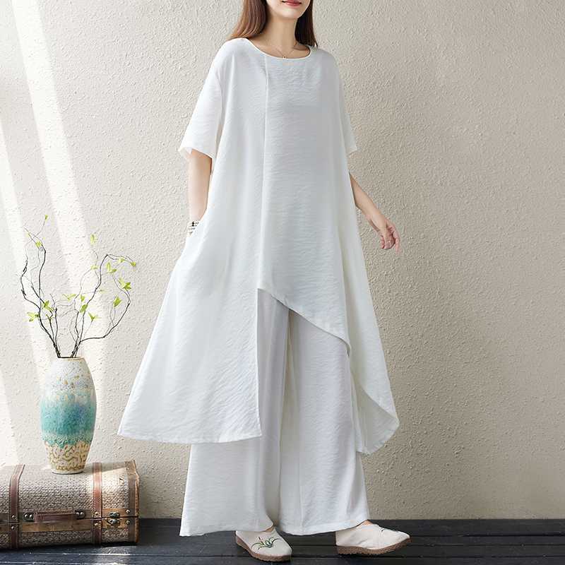 「ファットガール」 体型カバー ブラウス+ワイドパンツ ヨガウエア レディース 上下セット 大きいサイズ 綿麻 ホワイト 2025夏新品 メガ割 ピラティス リネン セットアップ 「ファットガール」 体型カバー ブラウス+ワイドパンツ ヨガウエア レディース 上下セット 大きいサイズ 綿麻 ホワイト 2025夏新品 メガ割 ピラティス リネン セットアップ