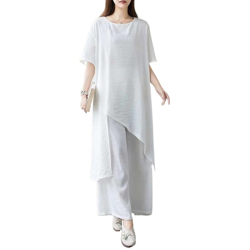 「ファットガール」 体型カバー ブラウス+ワイドパンツ ヨガウエア レディース 上下セット 大きいサイズ 綿麻 ホワイト 2025夏新品 メガ割 ピラティス リネン セットアップ 「ファットガール」 体型カバー ブラウス+ワイドパンツ ヨガウエア レディース 上下セット 大きいサイズ 綿麻 ホワイト 2025夏新品 メガ割 ピラティス リネン セットアップ