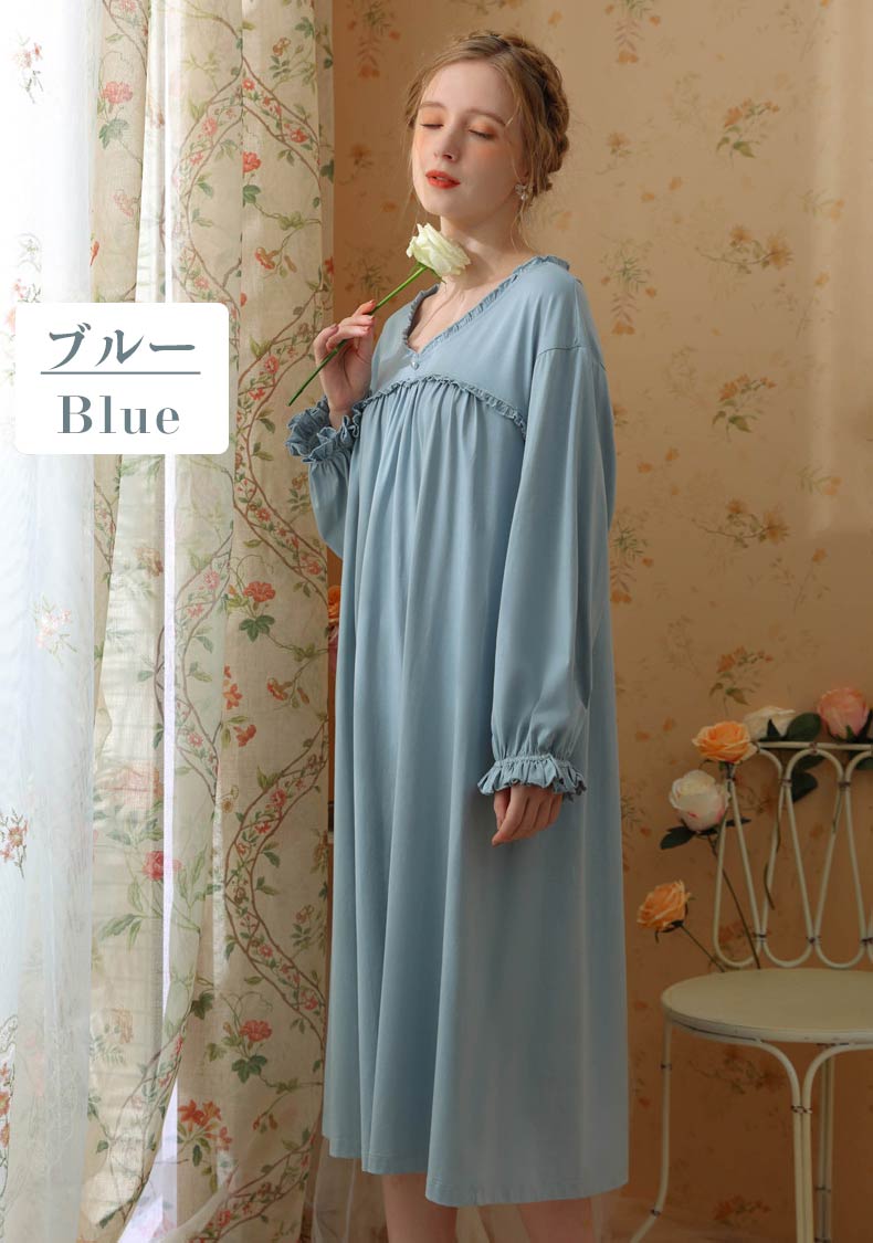 パジャマ ワンピース ルームウェア ロング丈 綿素材 長袖 寝間着 宮廷 M L LL ホワイト ピンク ブルー フランス風 パジャマ ワンピース ルームウェア ロング丈 綿素材 長袖 寝間着 宮廷 M L LL ホワイト ピンク ブルー フランス風