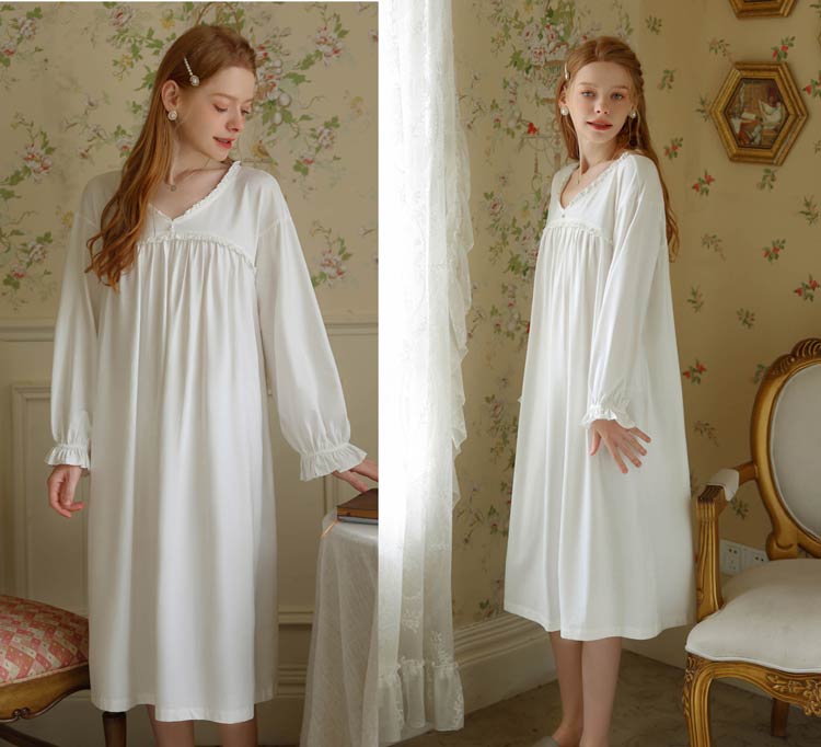 パジャマ ワンピース ルームウェア ロング丈 綿素材 長袖 寝間着 宮廷 M L LL ホワイト ピンク ブルー フランス風 パジャマ ワンピース ルームウェア ロング丈 綿素材 長袖 寝間着 宮廷 M L LL ホワイト ピンク ブルー フランス風