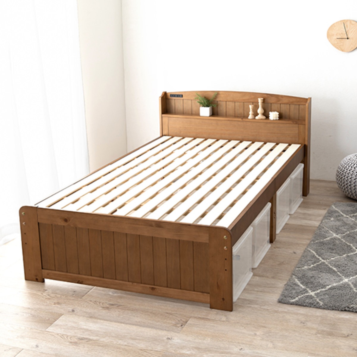 すのこベッド セミダブル 高さ調節 3段階 すのこ ベット 天然木 ベッド 木製 フレーム 棚 宮付き 収納 ベット下収納 コンセント付き 敷布団 頑丈 シンプル ナチュラル
