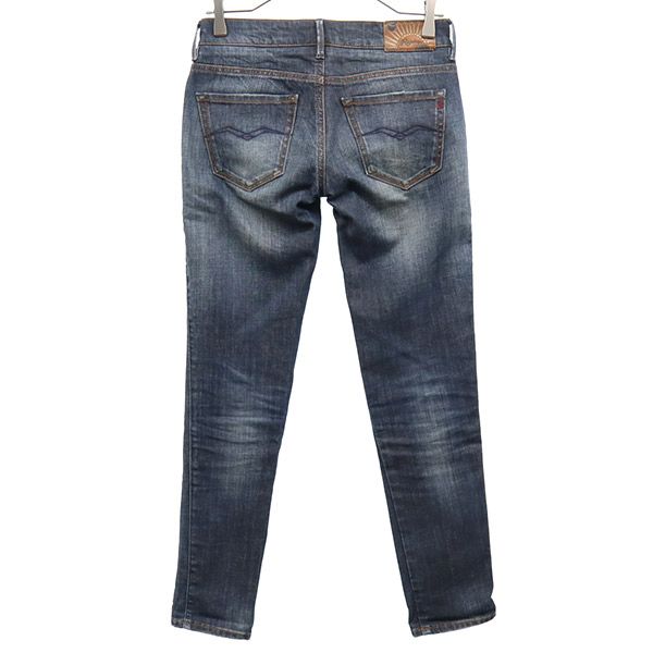 ワンポイントロゴ刺繍 ダメージ加工 スキニーデニムパンツ W25 ブルー ジーパン レディース ワンポイントロゴ刺繍 ダメージ加工 スキニーデニムパンツ W25 ブルー ジーパン レディース