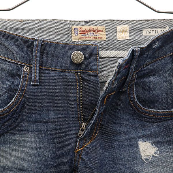 ワンポイントロゴ刺繍 ダメージ加工 スキニーデニムパンツ W25 ブルー ジーパン レディース ワンポイントロゴ刺繍 ダメージ加工 スキニーデニムパンツ W25 ブルー ジーパン レディース