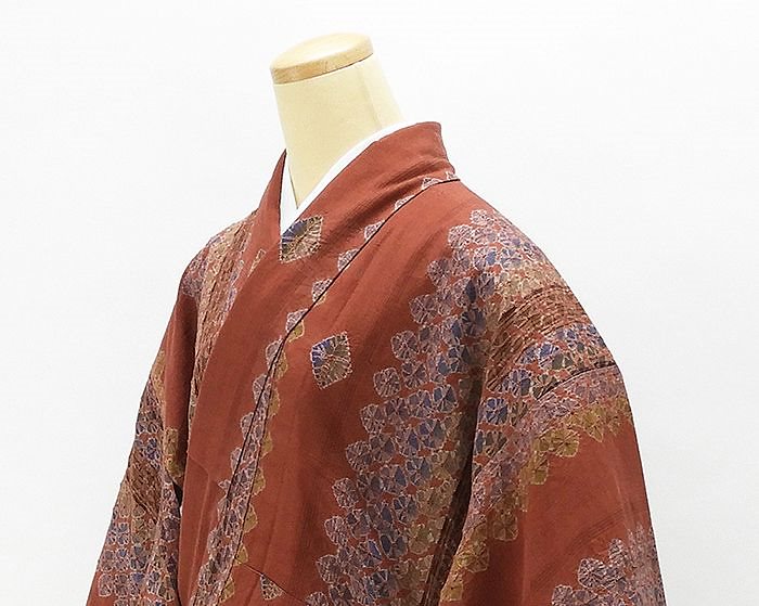 紬 未着用超美品 正絹 手加工本絞り 縦縞幾何花模様 紬