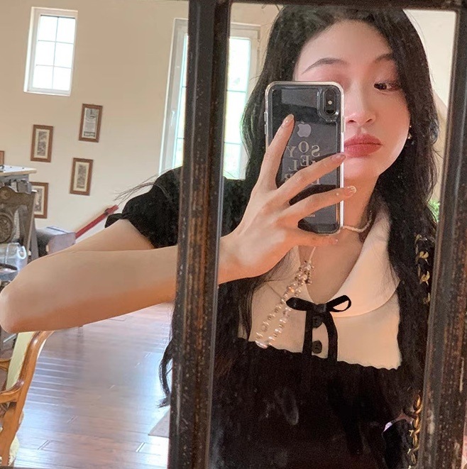 レディース ワンピース ミニ ショート 半袖 パフスリーブ Vネック 襟付き 丸襟 りぼんタイ Aライン 切り替え ドッキング フェミニン ボタン 配色 かわいい 大人可愛い シンプル 上品 おしゃれ