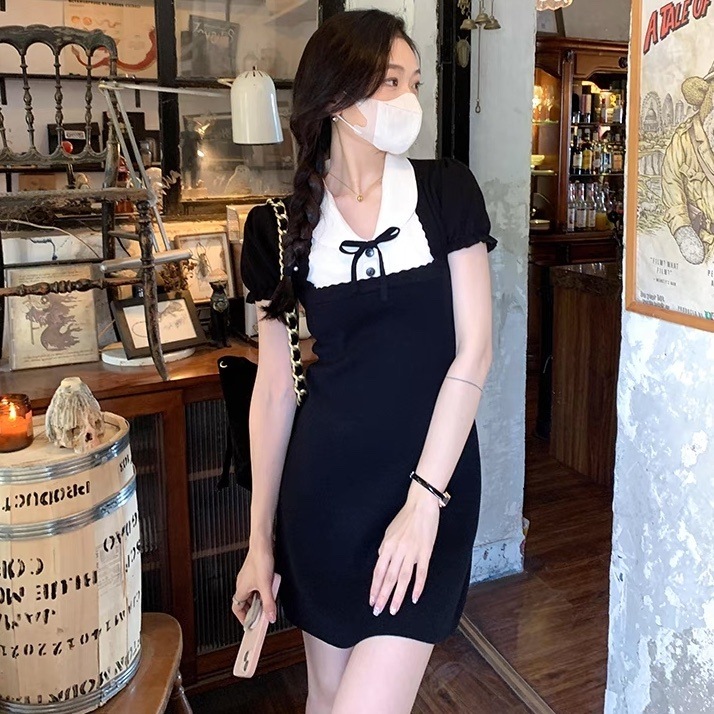 レディース ワンピース ミニ ショート 半袖 パフスリーブ Vネック 襟付き 丸襟 りぼんタイ Aライン 切り替え ドッキング フェミニン ボタン 配色 かわいい 大人可愛い シンプル 上品 おしゃれ