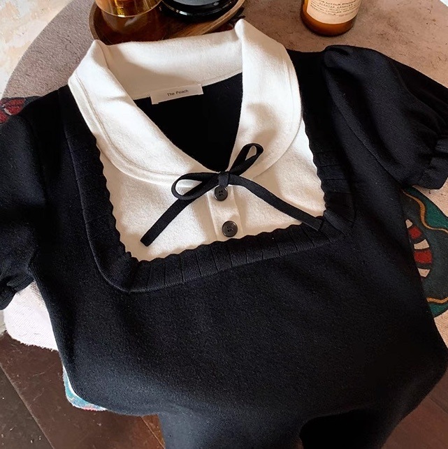 レディース ワンピース ミニ ショート 半袖 パフスリーブ Vネック 襟付き 丸襟 りぼんタイ Aライン 切り替え ドッキング フェミニン ボタン 配色 かわいい 大人可愛い シンプル 上品 おしゃれ