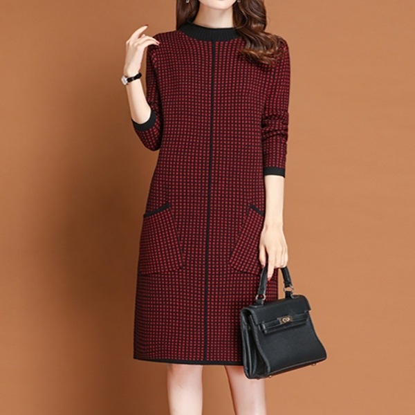 【カワイイ】 エレガント チェック柄 Aライン 切り替え ラウンドネック ニットワンピース 【カワイイ】 エレガント チェック柄 Aライン 切り替え ラウンドネック ニットワンピース